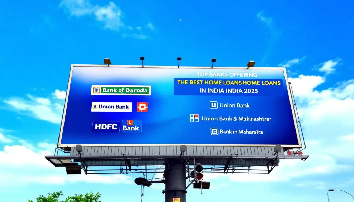 An informative graphic displaying the top banks in India for the best home loans in 2025, including SBI, Bank of Baroda, Union Bank, HDFC Bank, and Bank of Maharashtra, highlighting their competitive interest rates and home loan eligibility criteria for potential borrowers. The image emphasizes the benefits of applying for a home loan, such as attractive interest rates and loan tenure options.