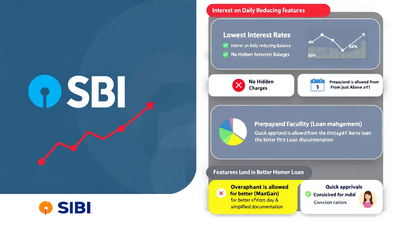 The image showcases the key features of SBI home loans, highlighting benefits such as the lowest interest rates, no hidden charges, and flexible prepayment options from the first day of loan disbursement. It also emphasizes the quick approvals, easy online application process, and special concessions for women borrowers, making it an attractive choice for prospective home buyers.