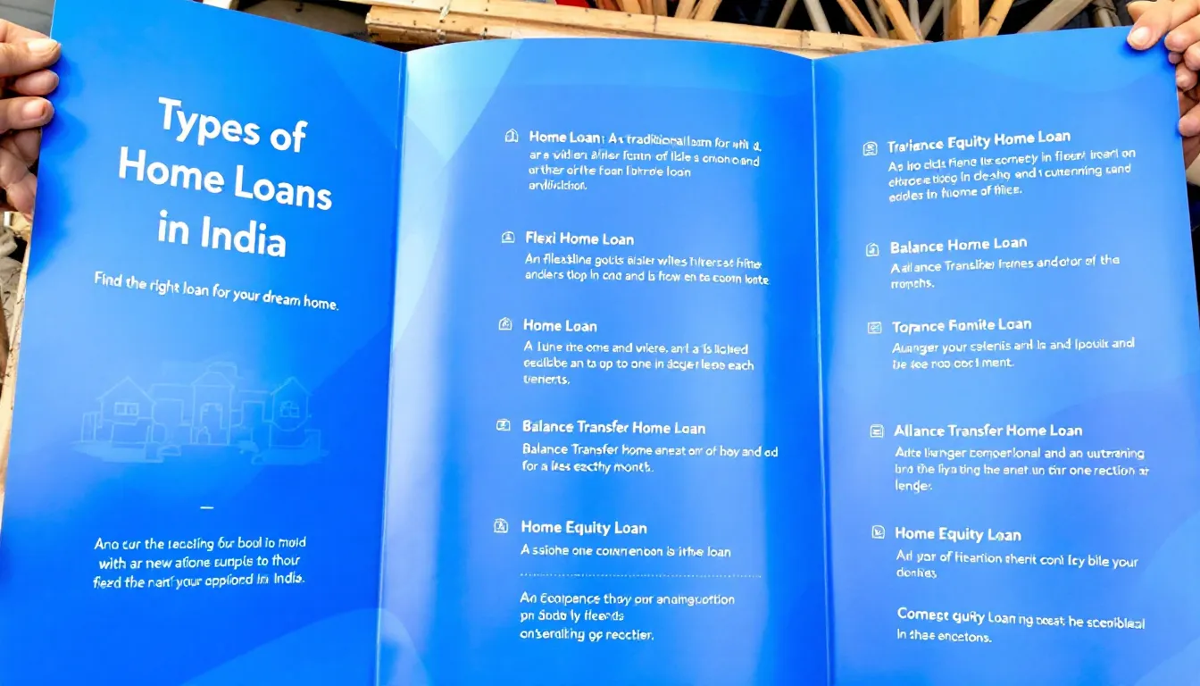 In the image, various types of home loans available in India are depicted, showcasing options like fixed rate and floating rate home loans, along with details on home loan eligibility, attractive interest rates, and the home loan process. Visual elements include icons representing loan approval, repayment options, and home loan calculators, emphasizing the importance of understanding home loan interest rates and eligibility criteria for potential borrowers.