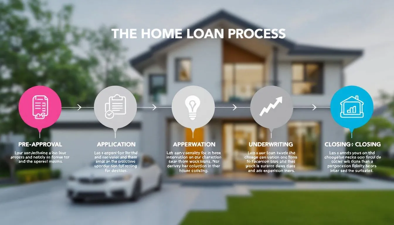 An overview of a home loan process with a blurred image of a house in the background.