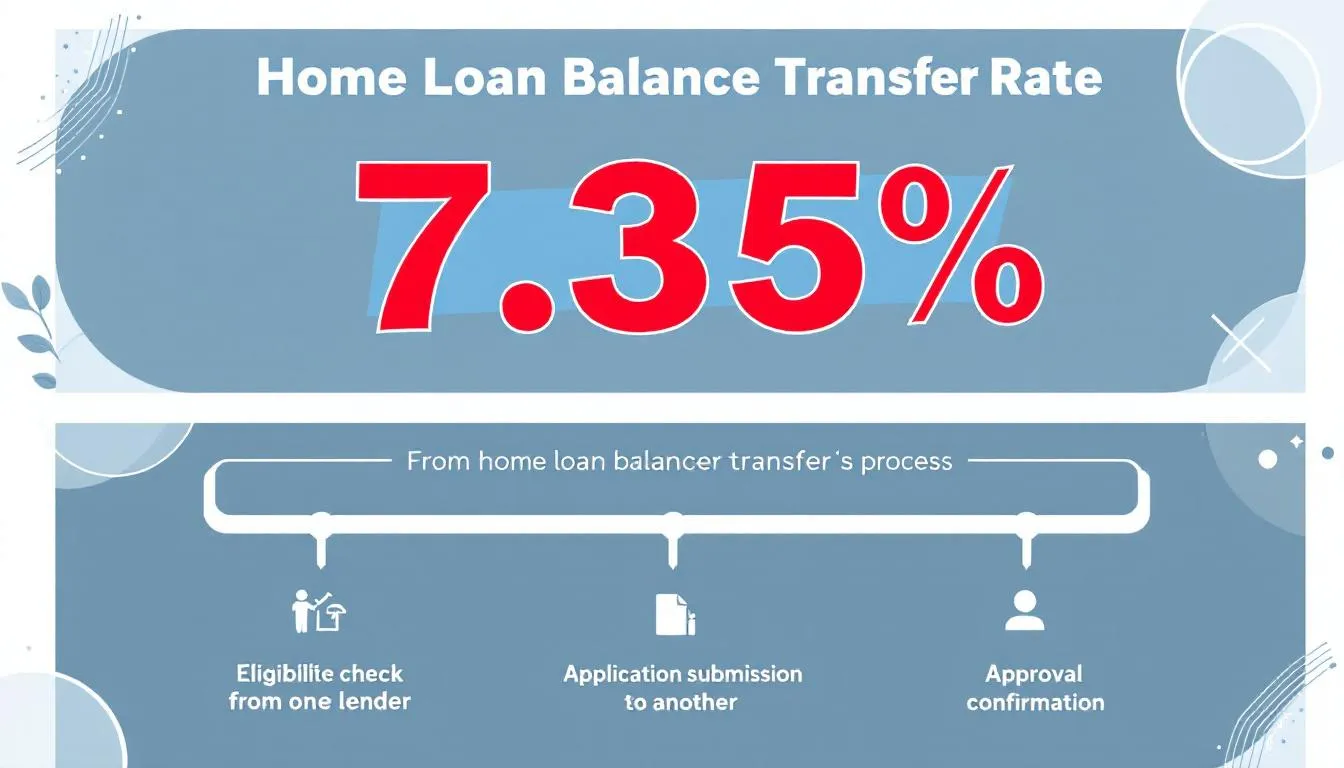 A promotional graphic displays information about a home loan balance transfer starting from an attractive interest rate of 7.35%. The image highlights key terms such as "home loan interest rates" and "loan approval," emphasizing the benefits of transferring an existing housing loan for better financial terms.