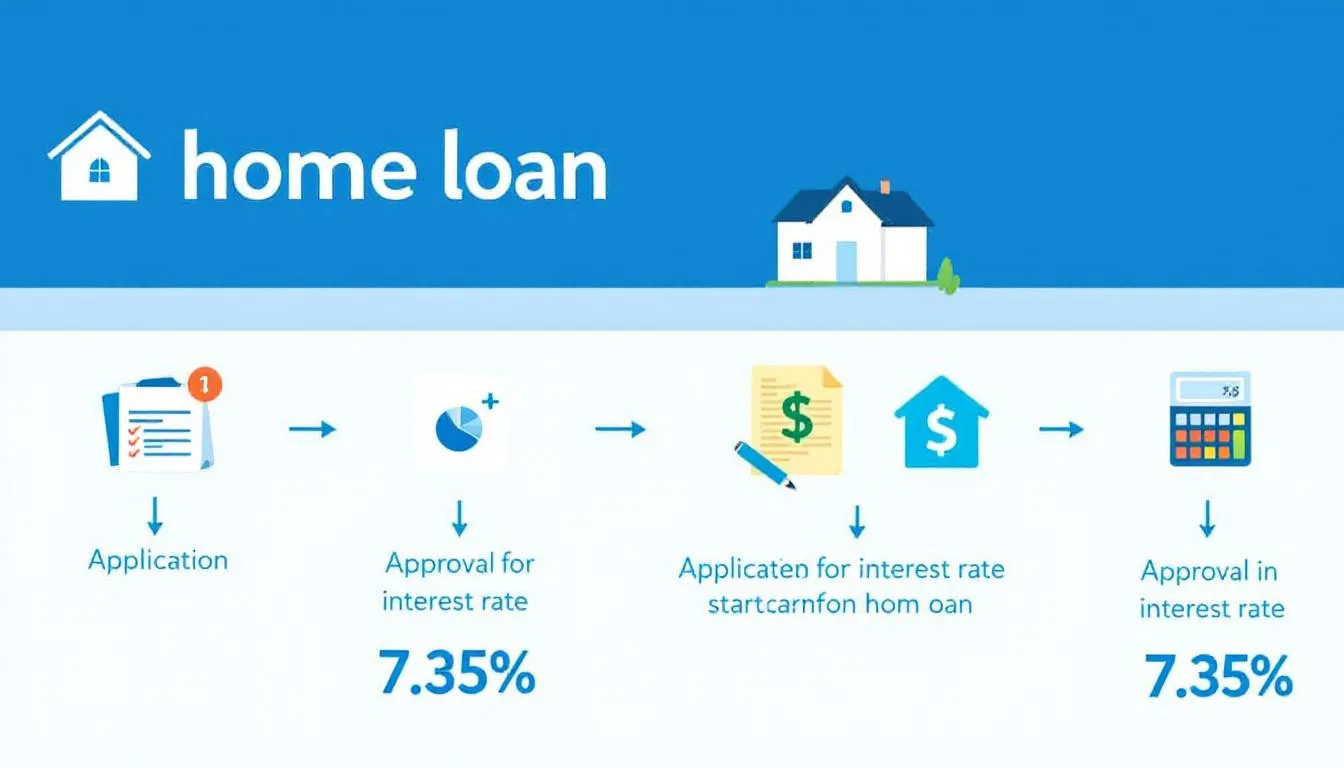 A promotional image showcasing a home loan offering with an attractive interest rate starting at 7.35%. The visual emphasizes the benefits of competitive home loan interest rates, highlighting options for loan approval and eligibility criteria for potential homeowners.